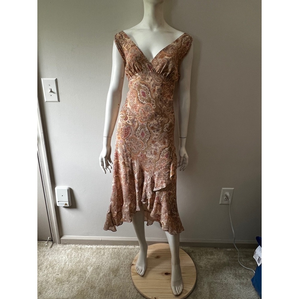 Vintage Spiegel 100% Silk Paisley Midi Dress Y2K Boho Handkerchief Ruffle - Picture 2 of 8